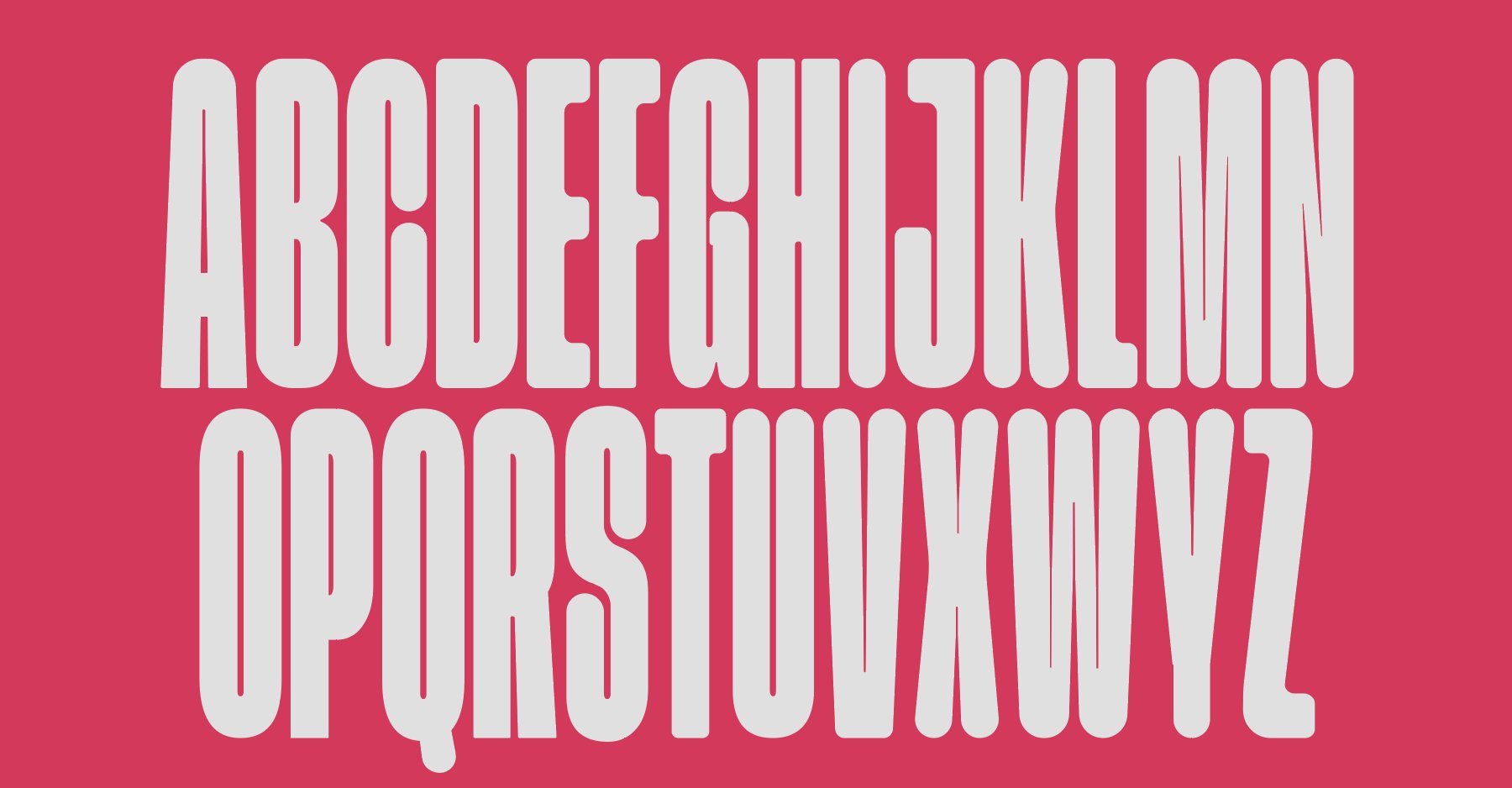 Typeface specimen: a condensed uppercase alphabet from A to Z in light grey on a raspberry background