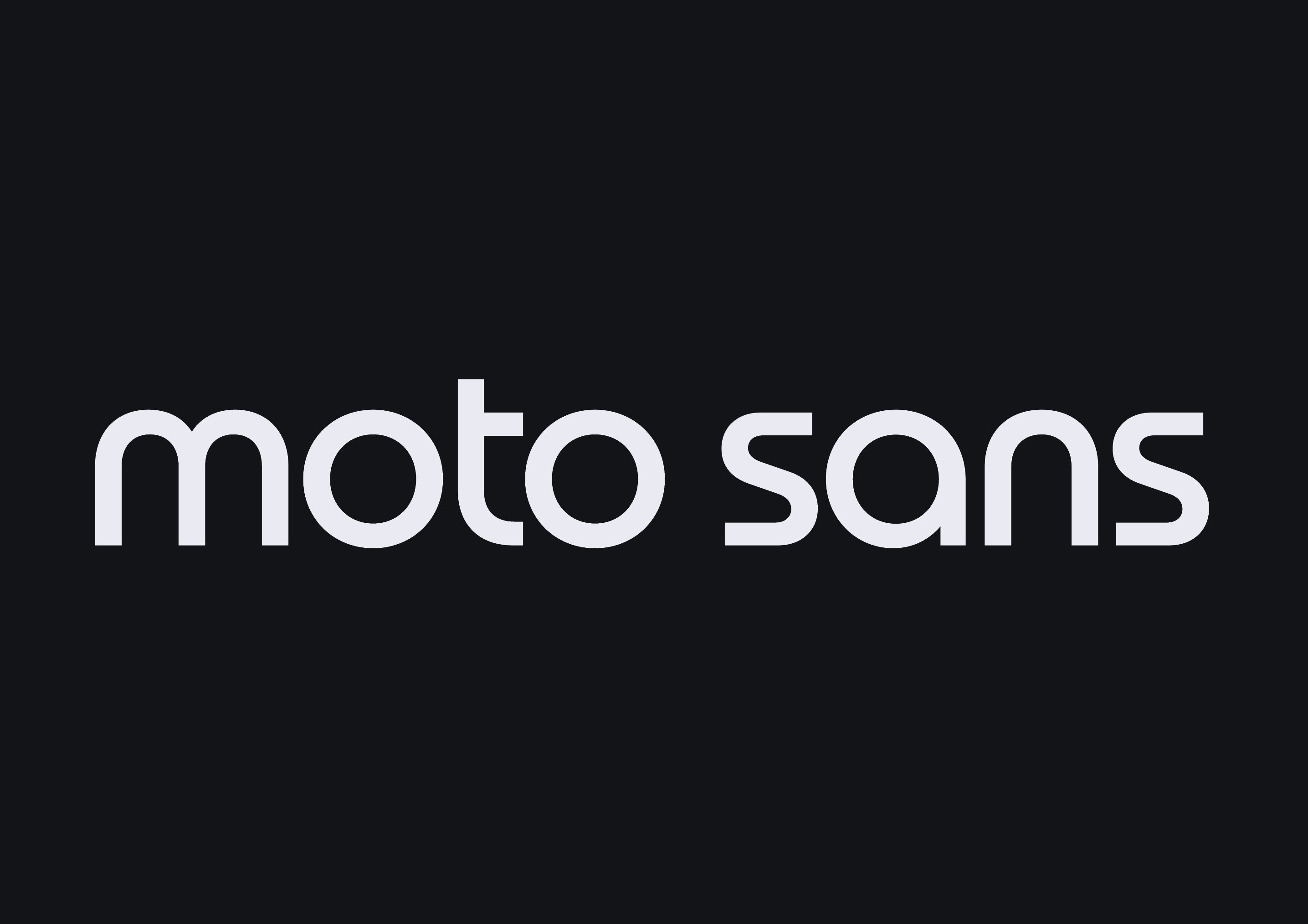 Typeface specimen: the words "moto sans" set in white on a near-black background