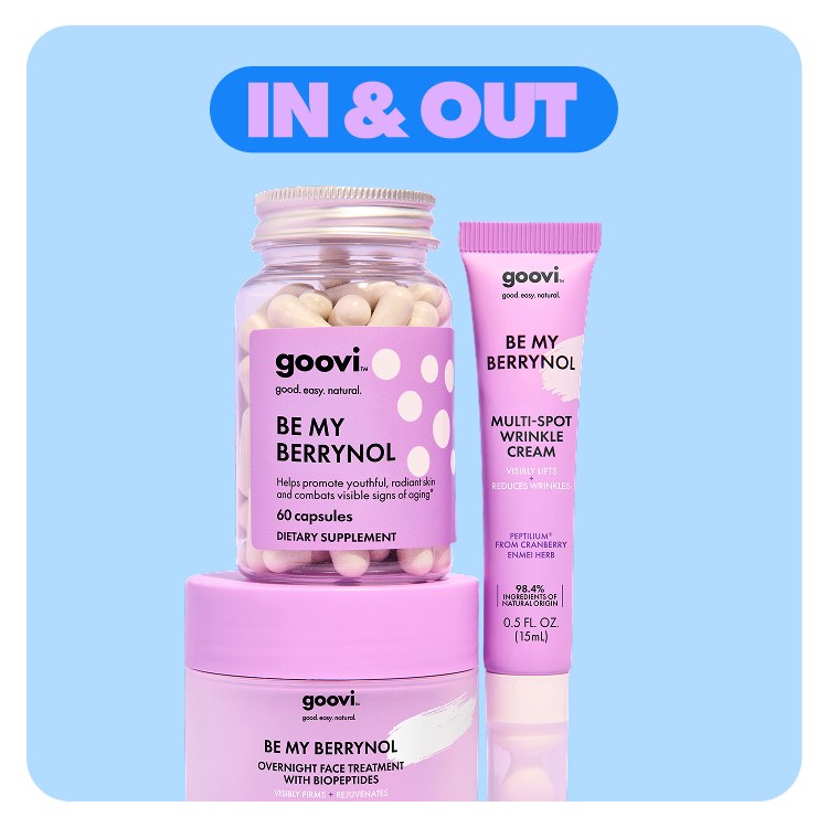 Social tile headed "In & Out" showing Goovi Be My Berrynol capsules, wrinkle cream tube and overnight face treatment jar on blue