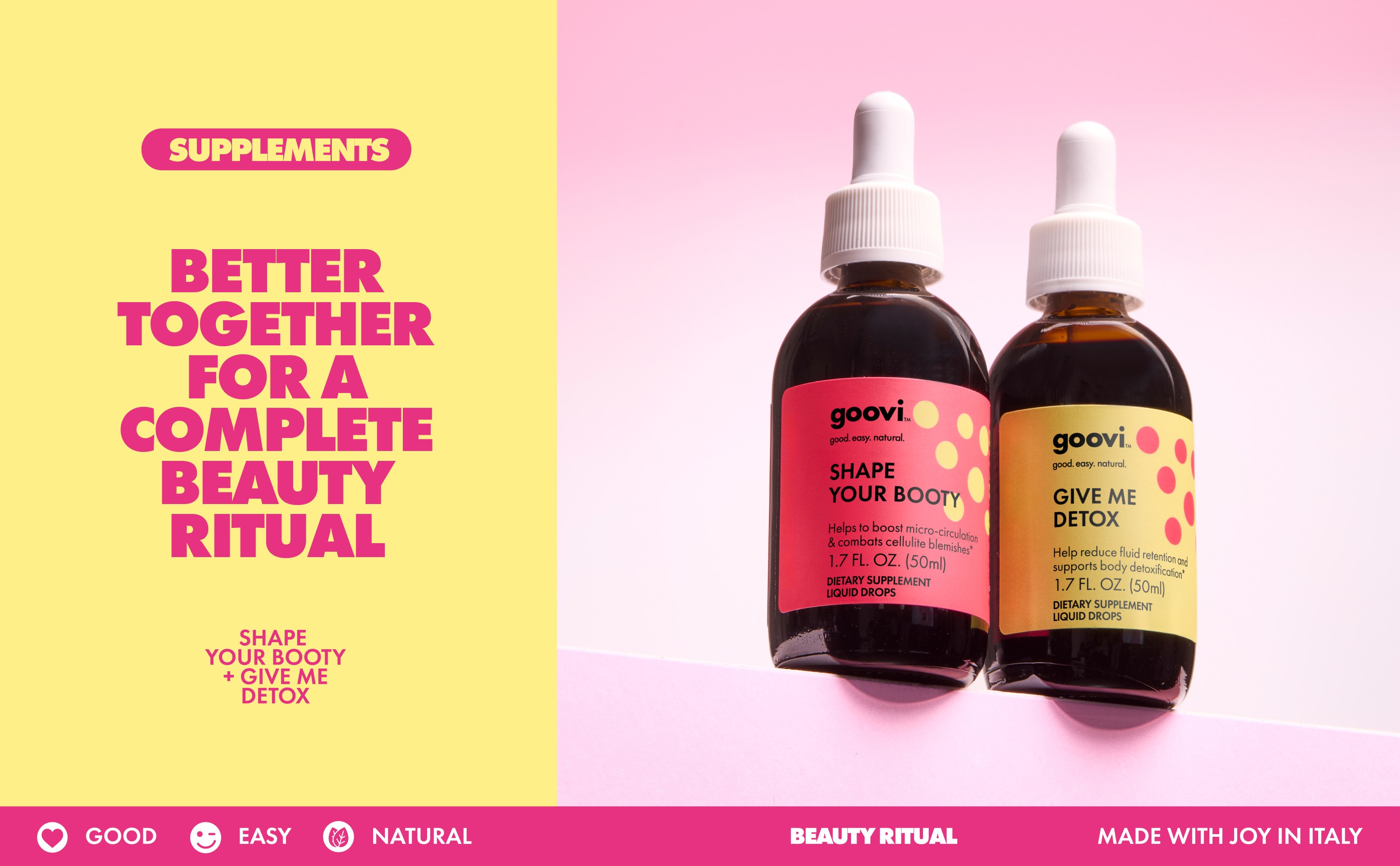 Banner reading "Better together for a complete beauty ritual" next to Goovi Shape Your Booty and Give Me Detox dropper bottles