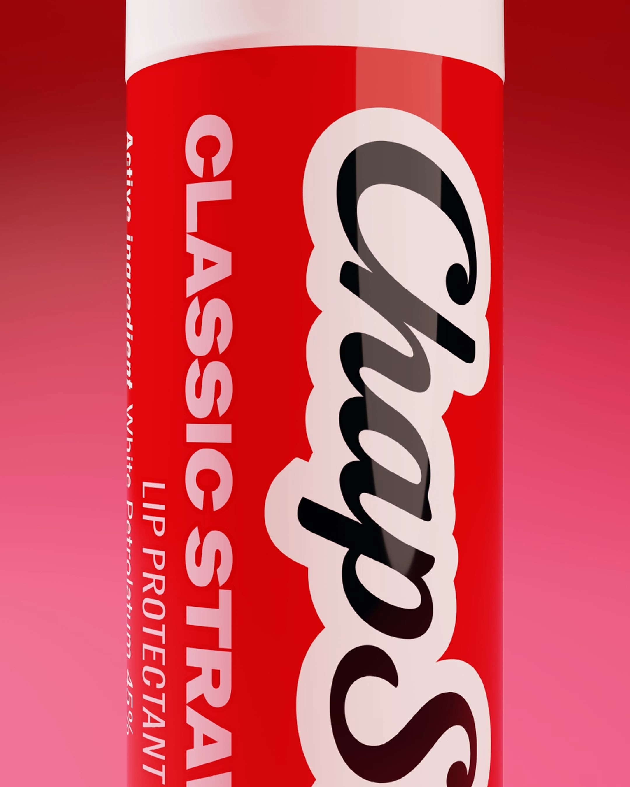 Extreme close-up render of a red ChapStick Classic Strawberry tube, its script logo filling the frame against a red to pink gradient