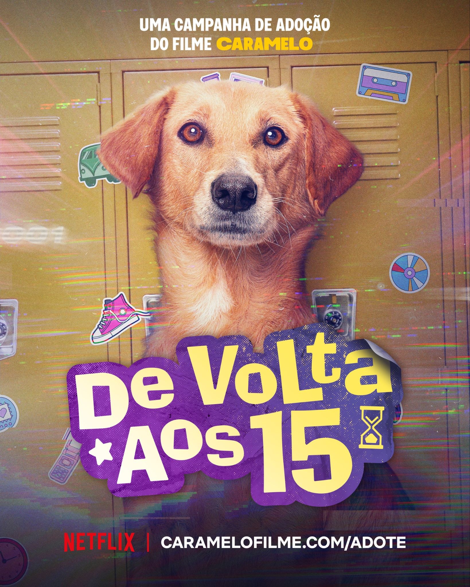 Caramelo adoption poster parodying "De Volta Aos 15": a golden dog poses in front of school lockers covered in stickers