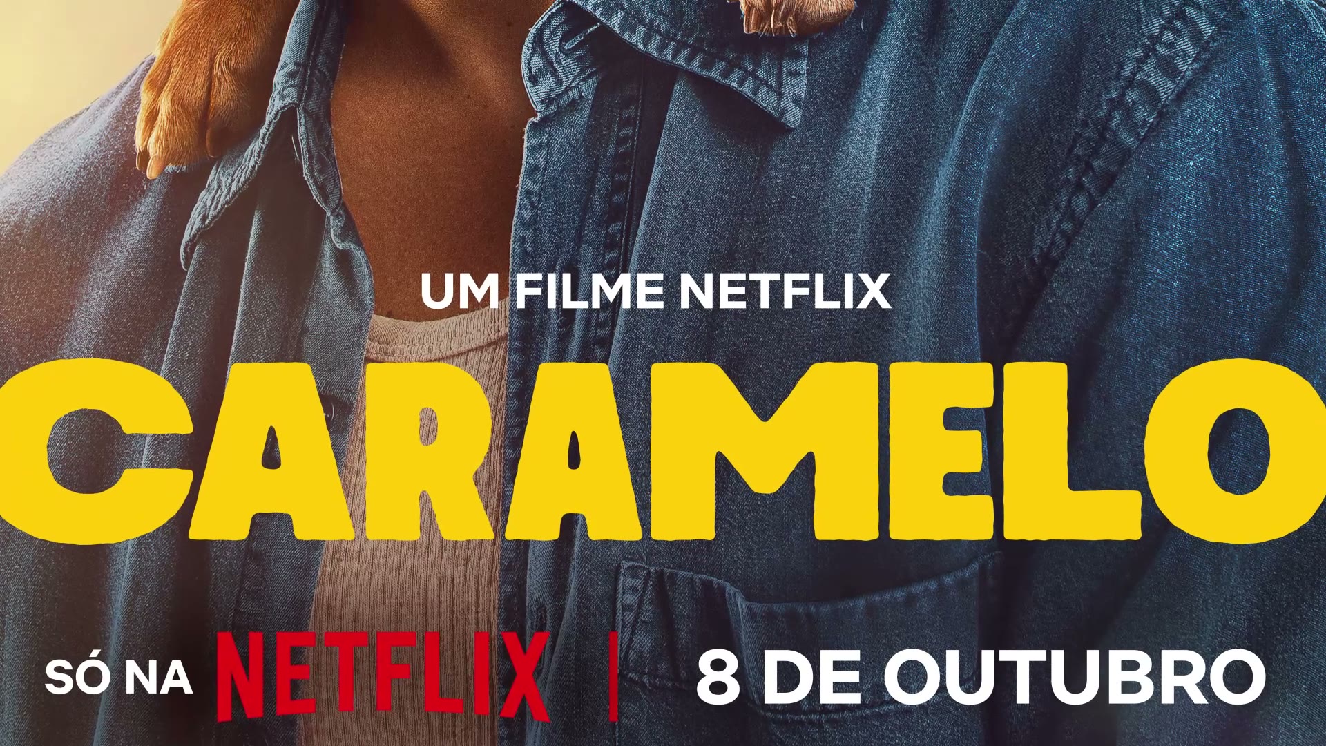 Netflix key art for the film "Caramelo": yellow title over a denim shirt, a dog's paw resting on the shoulder