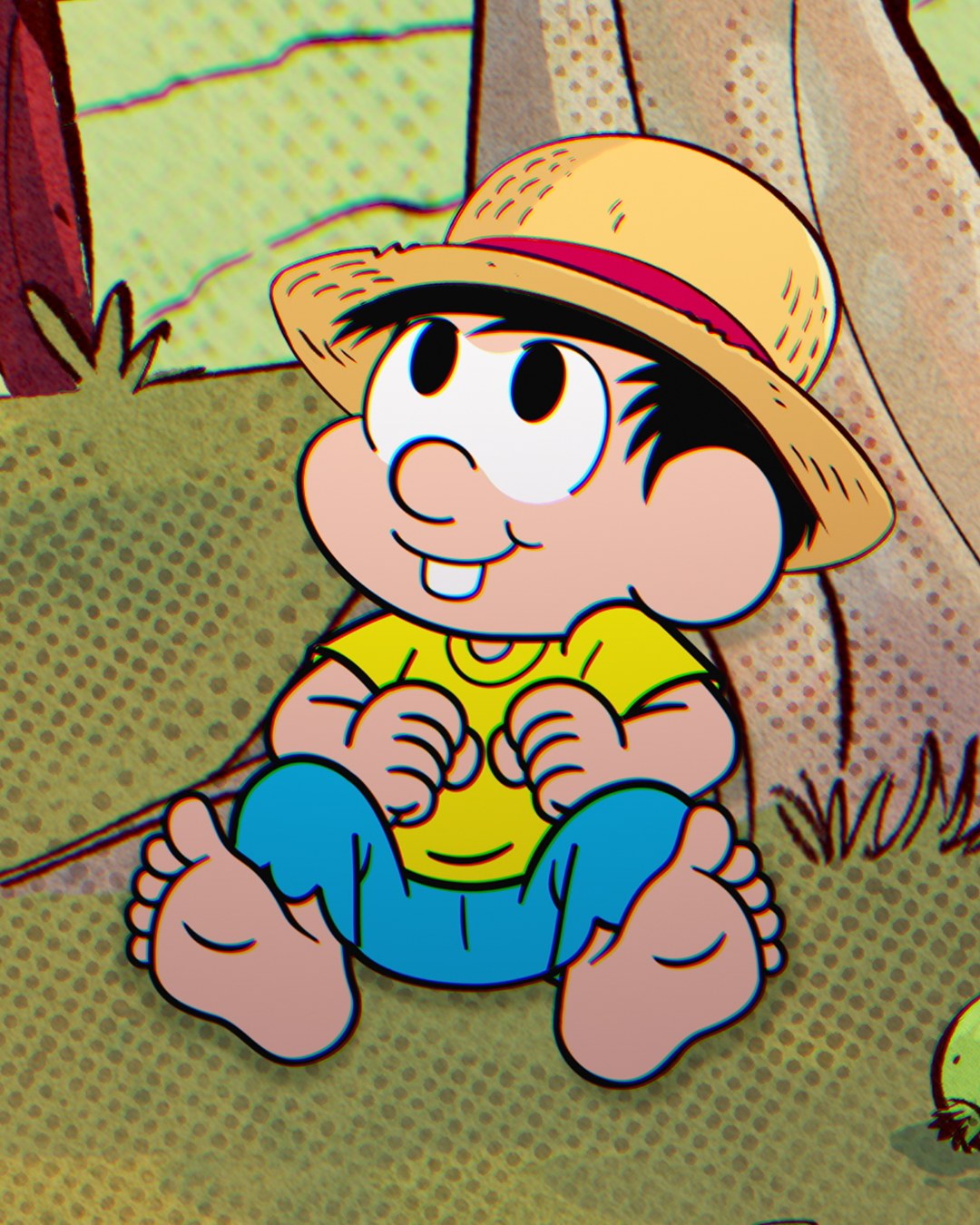 Illustration of a cartoon boy in a straw hat with a red band and a yellow shirt, sitting barefoot under a tree