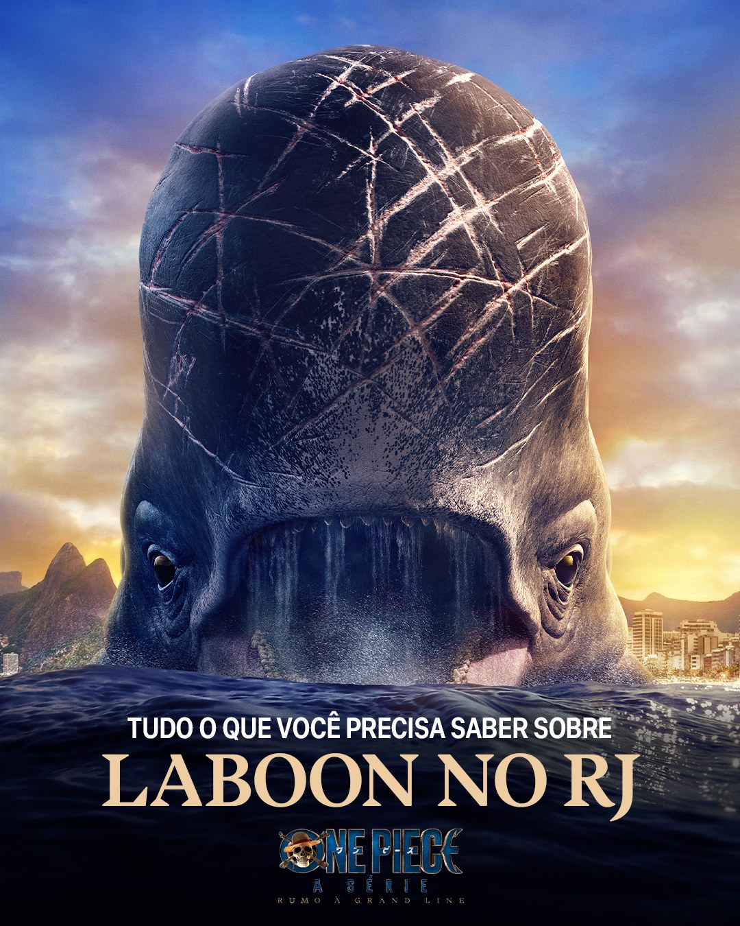 Key art of a giant scarred whale surfacing off Rio's coastline, headline "Laboon no RJ" and the One Piece logo