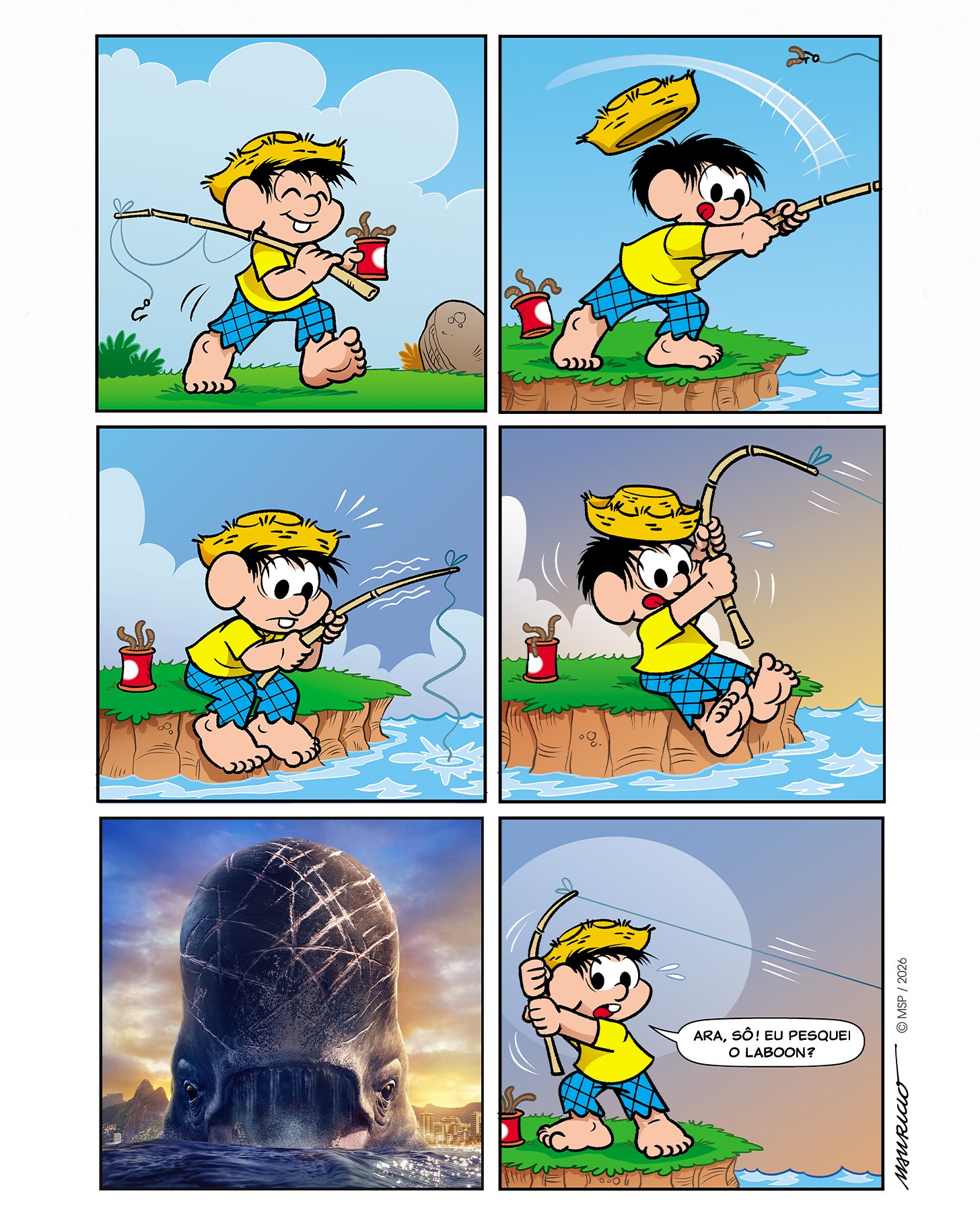 Six-panel comic strip: a barefoot boy in a straw hat fishes from a cliff and hooks a giant scarred whale