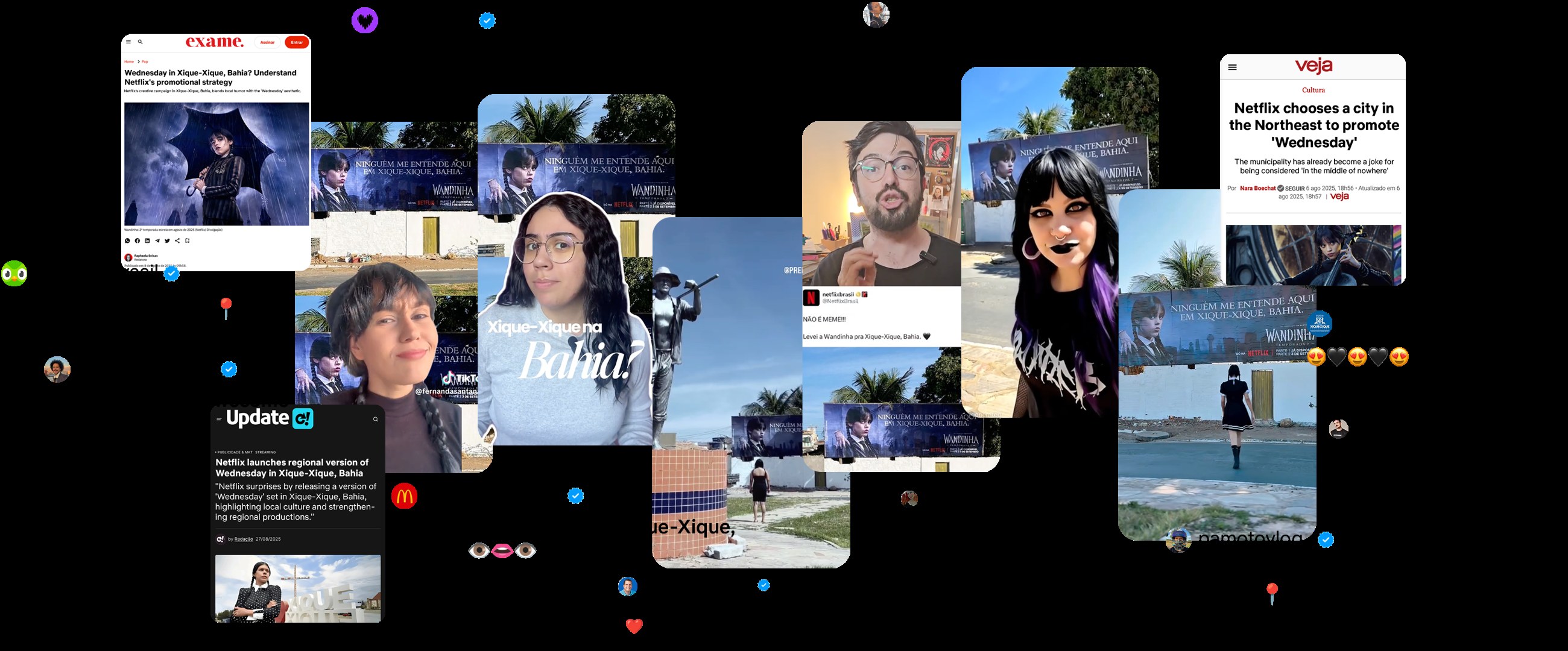 Collage of news articles, social posts and creator videos about the Wednesday billboard in Xique-Xique, Bahia