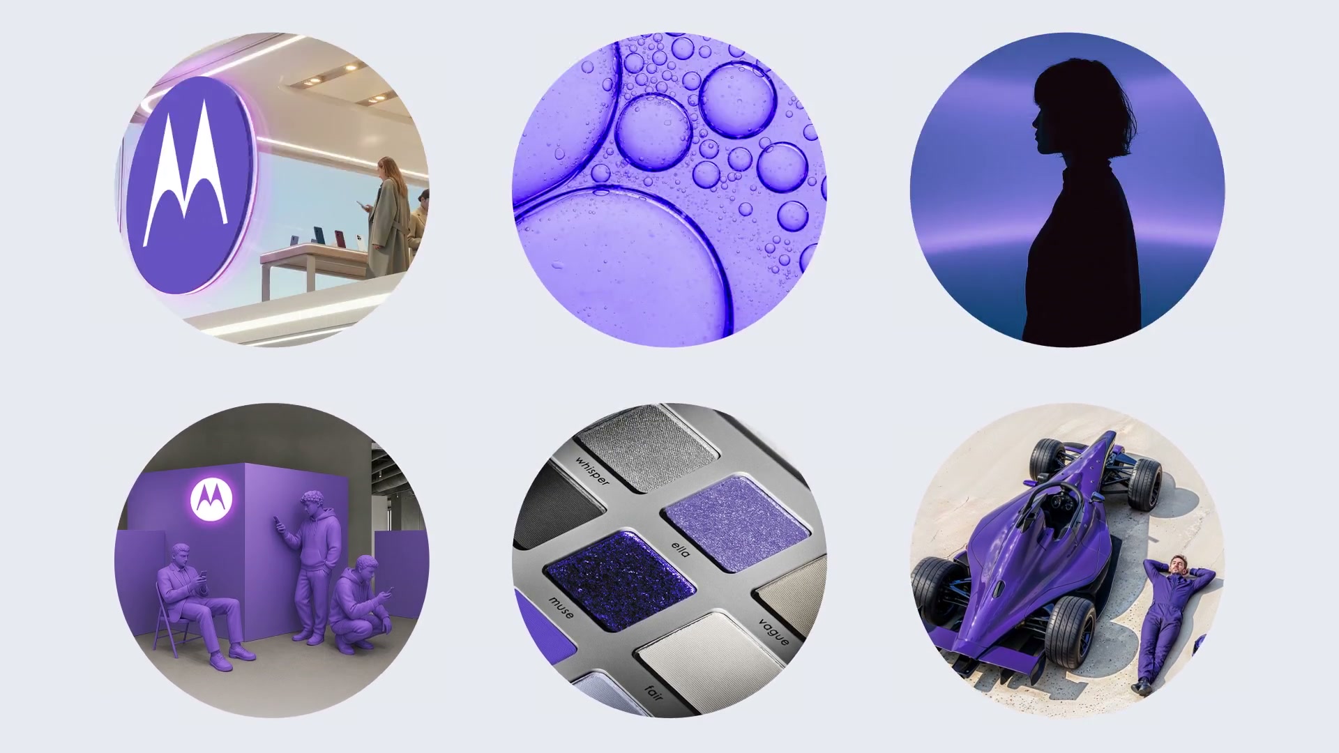 Moodboard of six indigo circles: a motorola store sign, bubbles, a silhouette, eyeshadow, a race car