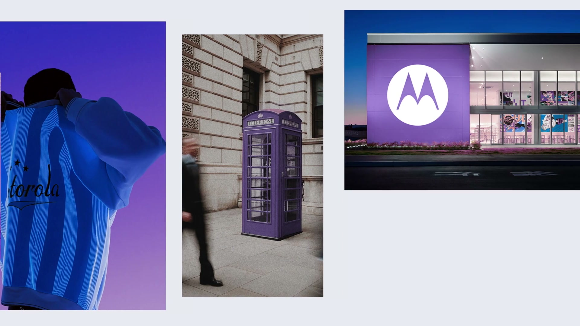 Three indigo-toned images: a man in a striped motorola jersey, a purple phone box, a store with the logo